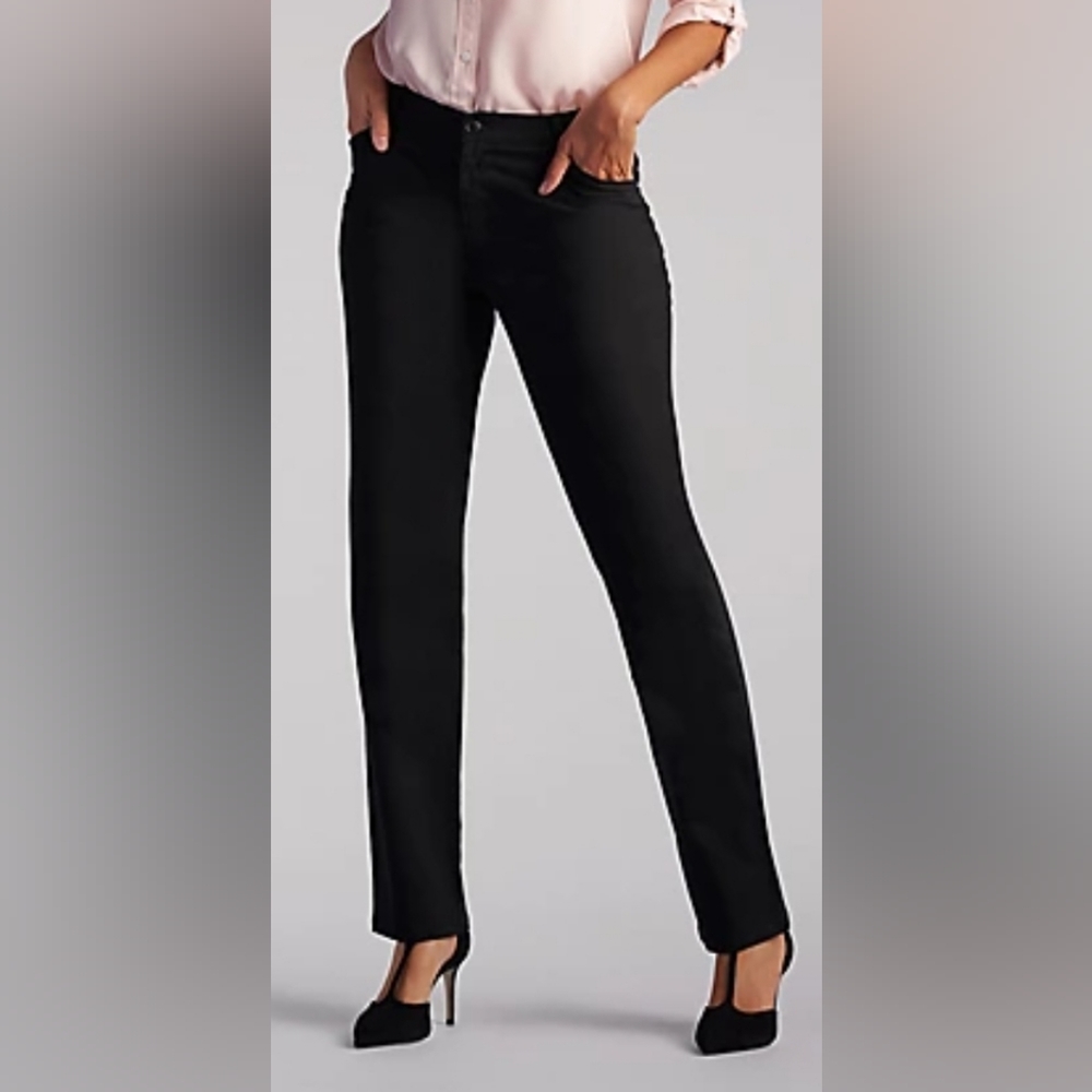 Lee Women's Relaxed StretchFit Plain Front Straight Leg Black Twill Pants Sz 10